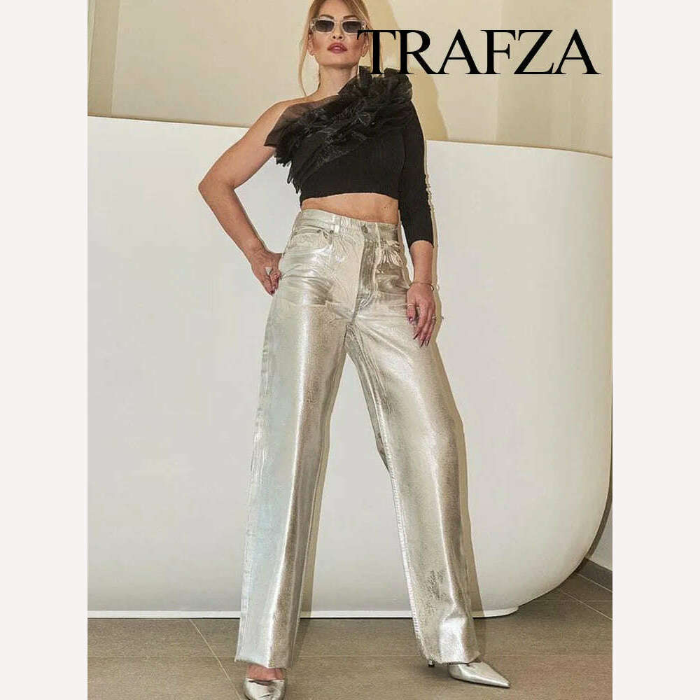 KIMLUD, TRAFZA Women New Fashion Silver HIgh Waist Pants Trousers Solid Wide Pant With Pocket Pant Elegant Casual Loose Woman Shiny Pant, KIMLUD Women's Clothes