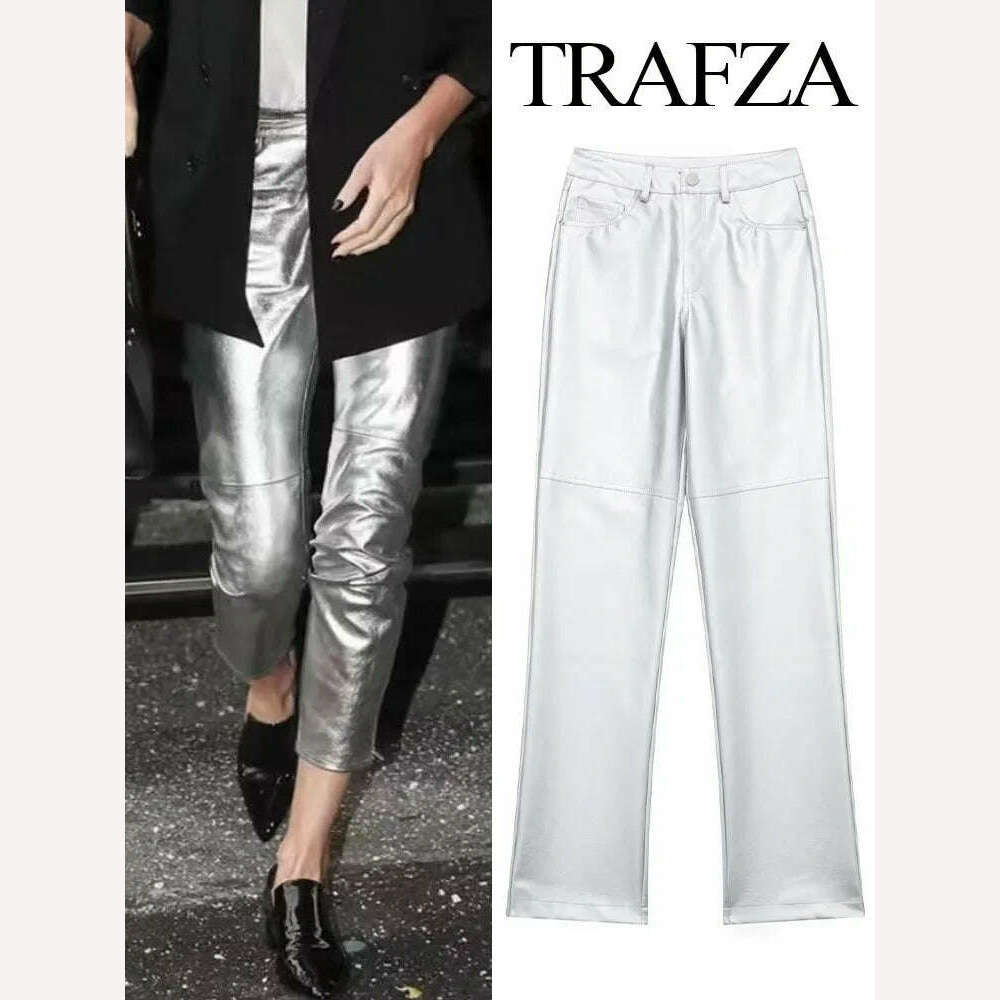 KIMLUD, TRAFZA Women New Fashion Silver HIgh Waist Pants Trousers Solid Wide Pant With Pocket Pant Elegant Casual Loose Woman Shiny Pant, KIMLUD Womens Clothes