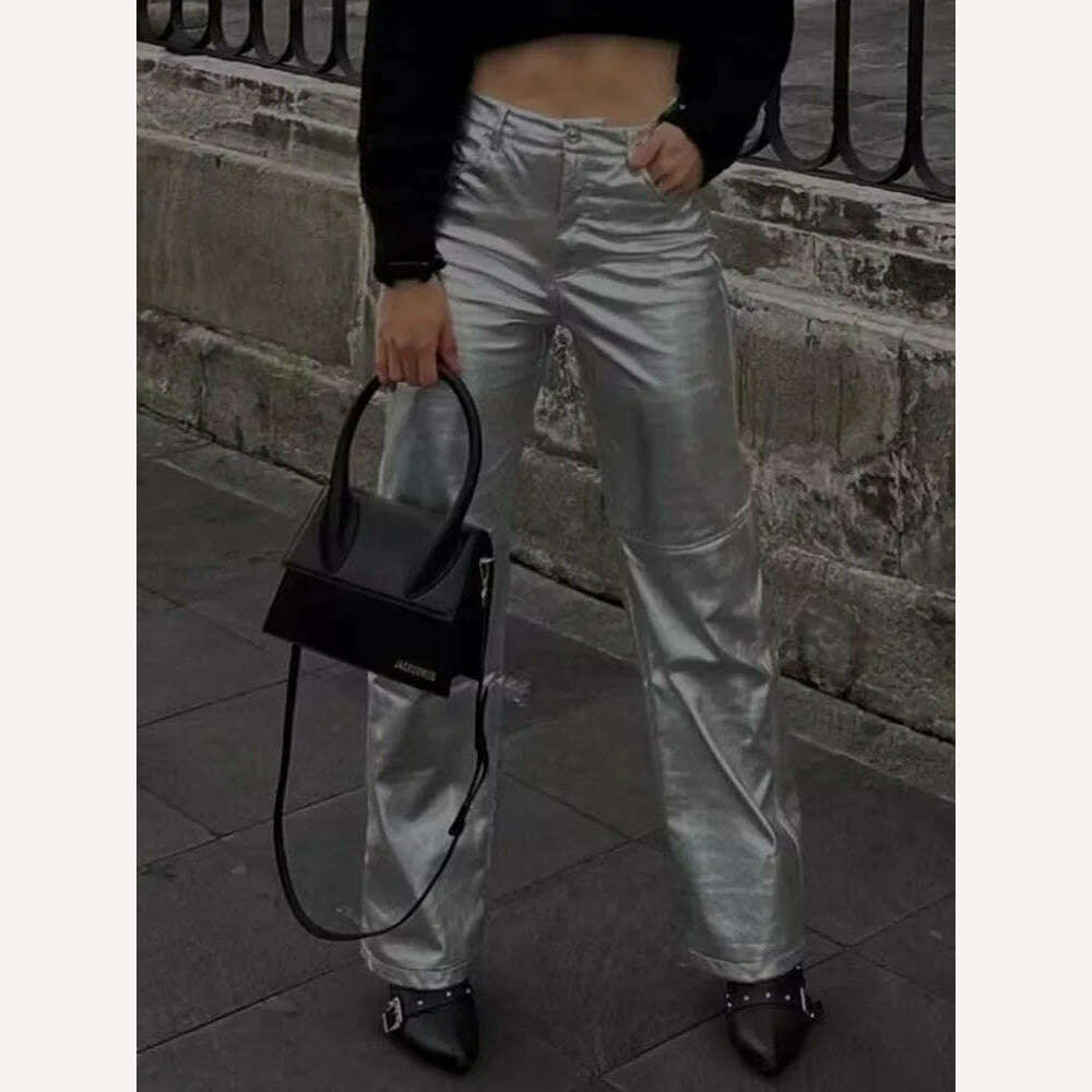 KIMLUD, TRAFZA Women New Fashion Silver HIgh Waist Pants Trousers Solid Wide Pant With Pocket Pant Elegant Casual Loose Woman Shiny Pant, KIMLUD Womens Clothes