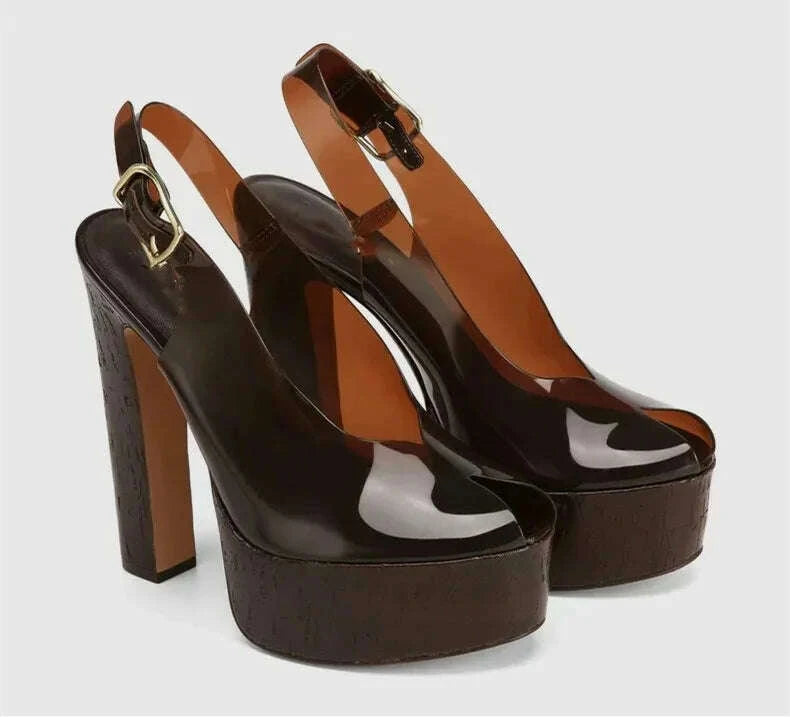 Transparent PVC Platform Heels Black Strappy | KIMLUD