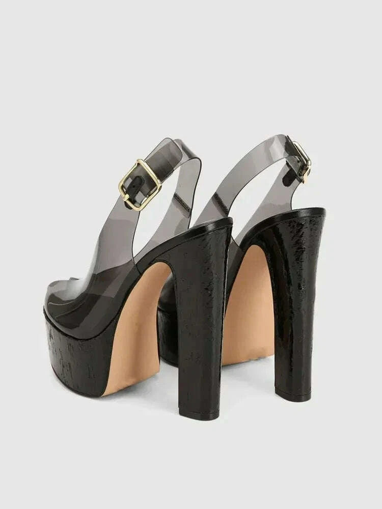 Transparent PVC Platform Heels Black Strappy | KIMLUD