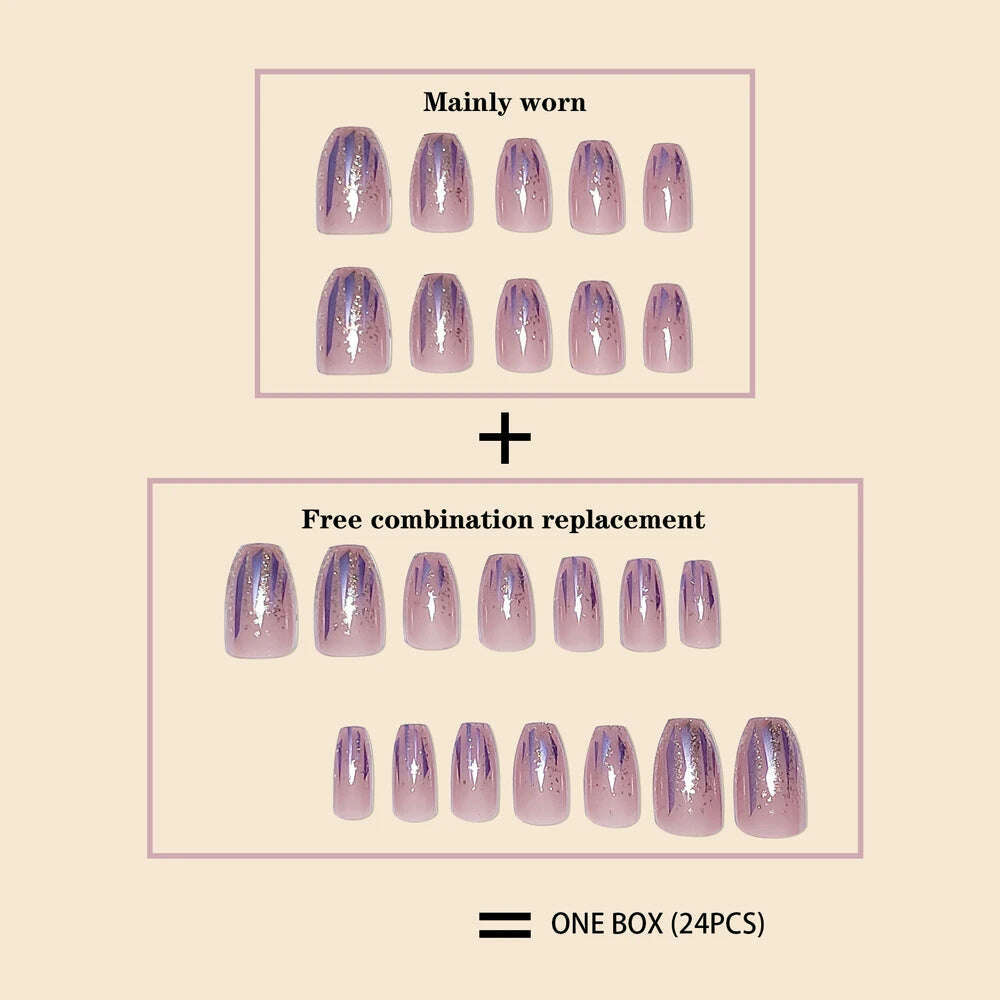 Trend Fashion Women Girls 24Pcs/Set Medium Coffin Shaped French Glitter Powder Star Stripe Wearable Fake Nail Press on Nail Art - KIMLUD