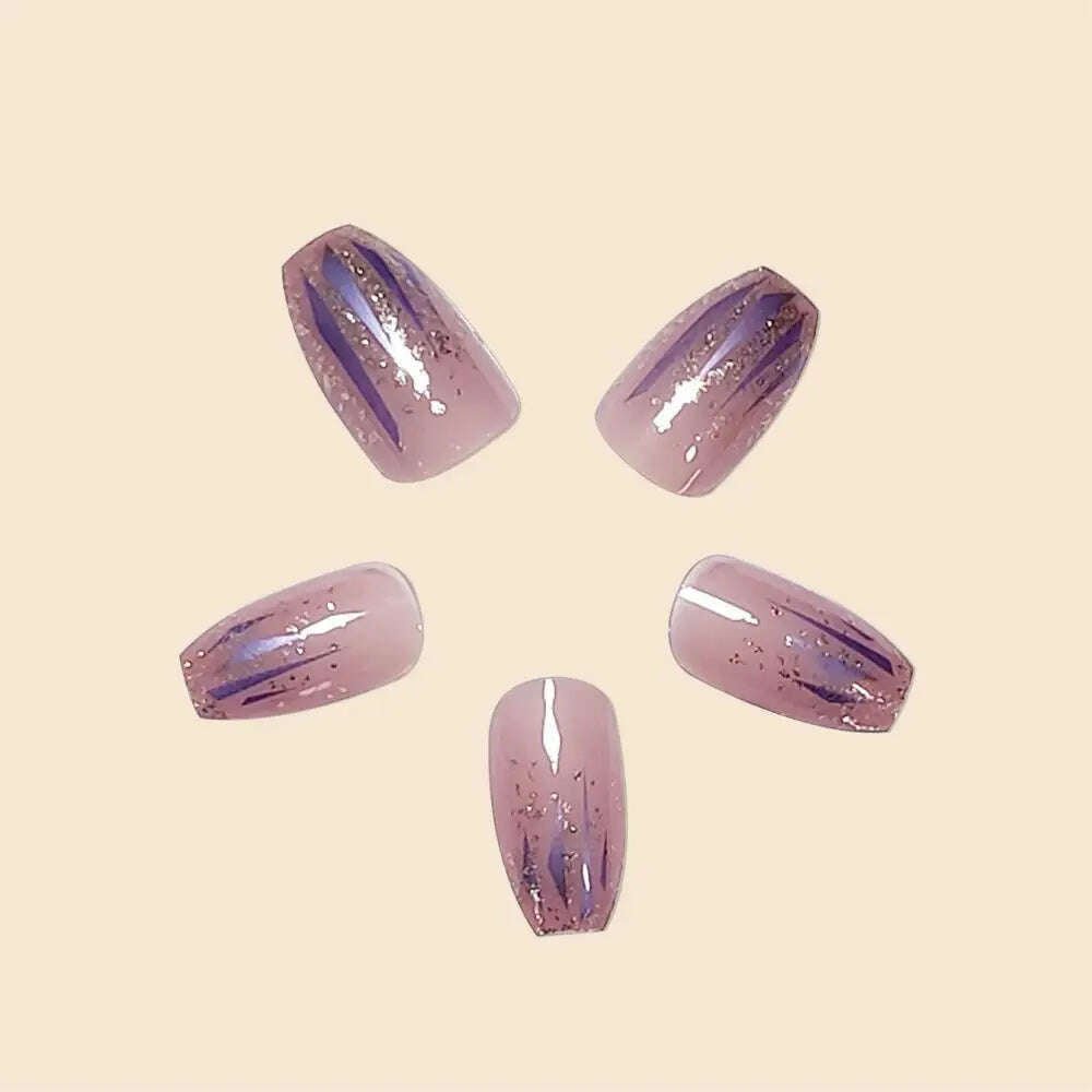 Trend Fashion Women Girls 24Pcs/Set Medium Coffin Shaped French Glitter Powder Star Stripe Wearable Fake Nail Press on Nail Art - KIMLUD