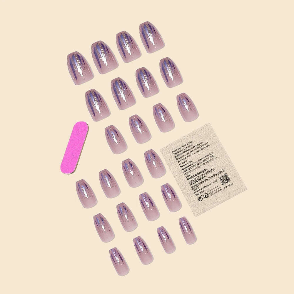 Trend Fashion Women Girls 24Pcs/Set Medium Coffin Shaped French Glitter Powder Star Stripe Wearable Fake Nail Press on Nail Art - KIMLUD