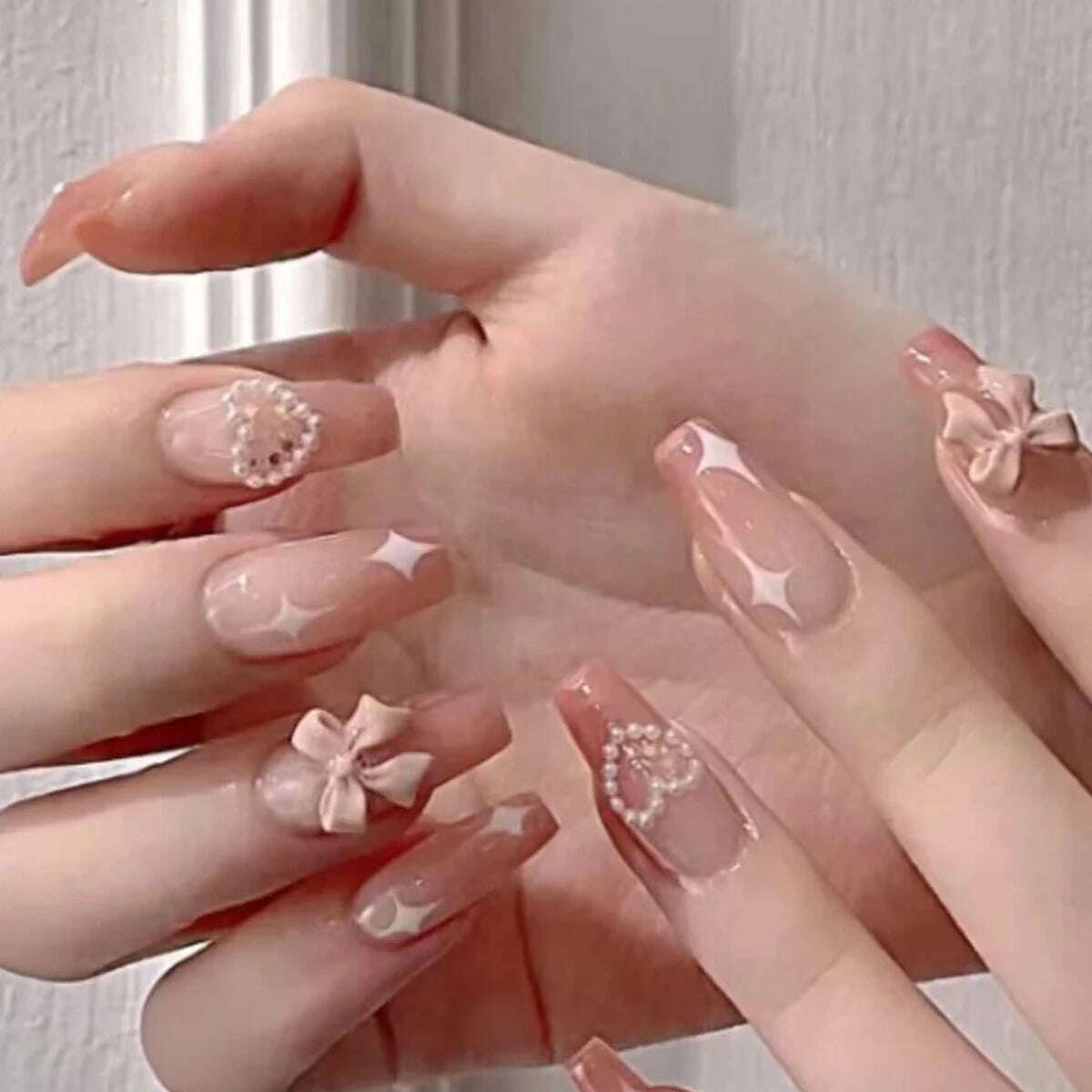 Trend Fashion Women Girls 24Pcs/Set Medium Coffin Shaped French Glitter Powder Star Stripe Wearable Fake Nail Press on Nail Art - KIMLUD