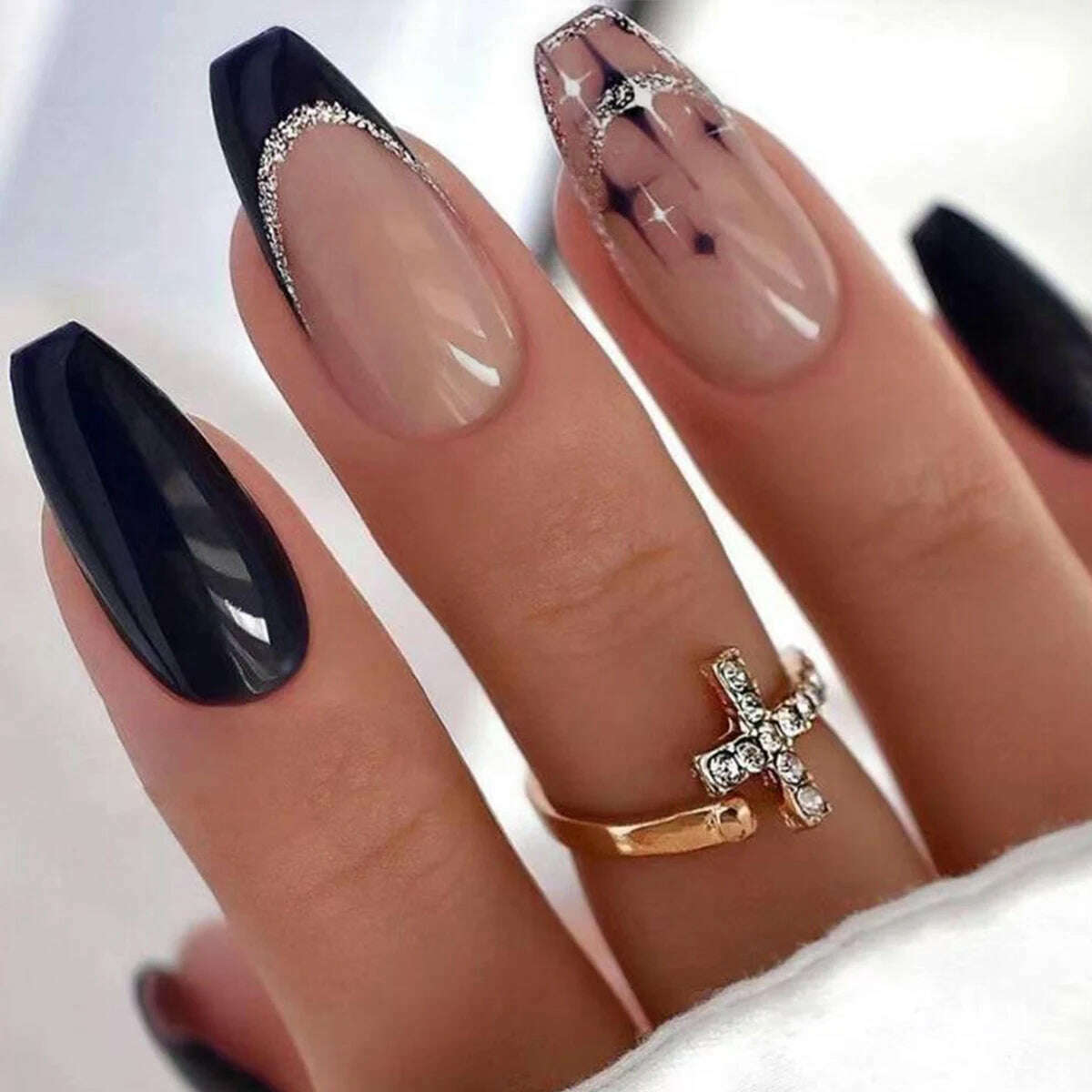 Trend Fashion Women Girls 24Pcs/Set Medium Coffin Shaped French Glitter Powder Star Stripe Wearable Fake Nail Press on Nail Art - KIMLUD