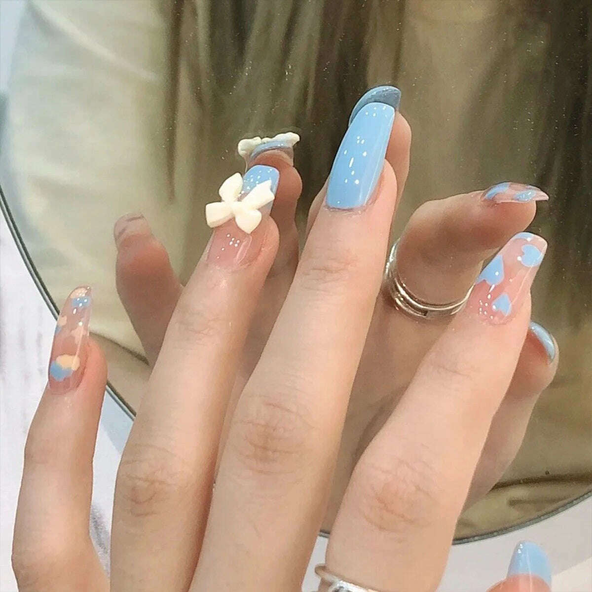 Trend Fashion Women Girls 24Pcs/Set Medium Coffin Shaped French Glitter Powder Star Stripe Wearable Fake Nail Press on Nail Art - KIMLUD
