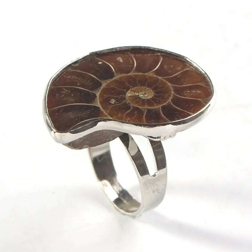 KIMLUD, Trendy-beads Unique Silver Plated Adjustable Ammonite Ring Fashion Natural Ammonite Reliquiae Stone Rings Jewelry, KIMLUD Womens Clothes
