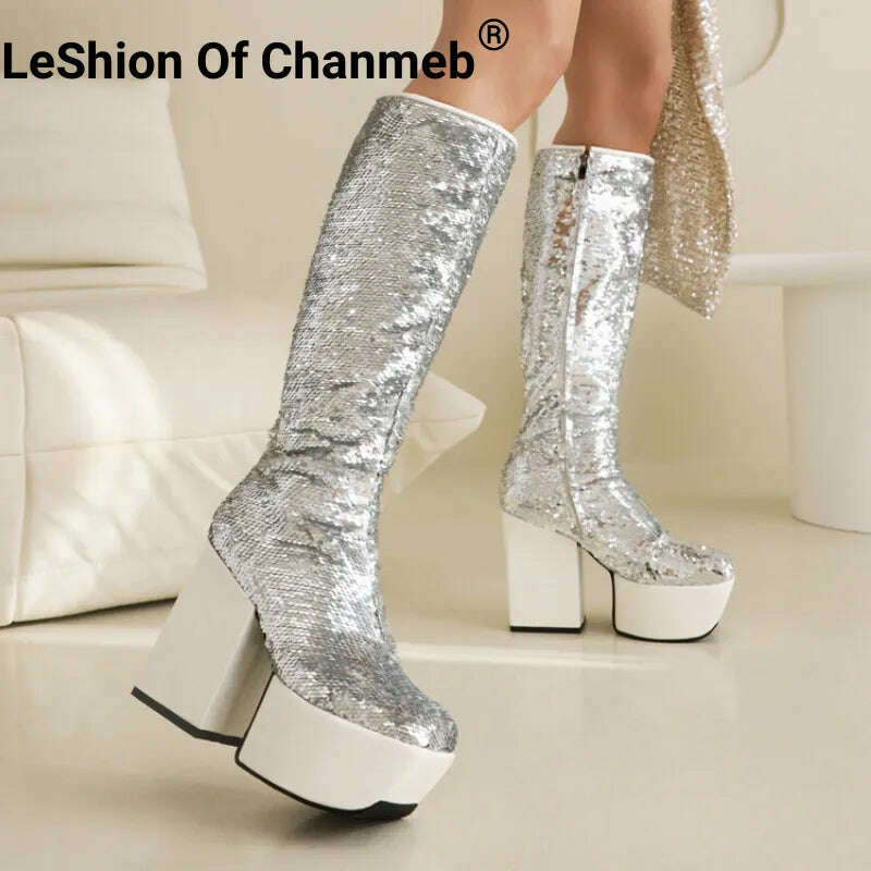 Trendy Chic Sequined Cloth Glitter Silver Kneehigh Boots Gothic Punk Chunky High Heels Thick Platform Long Boot Women Party Shoe - KIMLUD