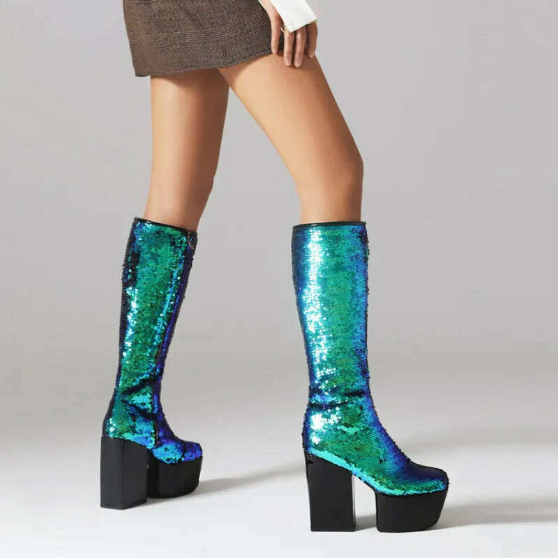 Trendy Chic Sequined Cloth Glitter Silver Kneehigh Boots Gothic Punk Chunky High Heels Thick Platform Long Boot Women Party Shoe - KIMLUD