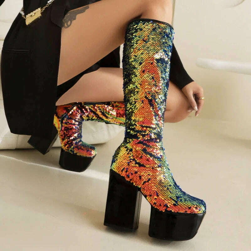 Trendy Chic Sequined Cloth Glitter Silver Kneehigh Boots Gothic Punk Chunky High Heels Thick Platform Long Boot Women Party Shoe - KIMLUD