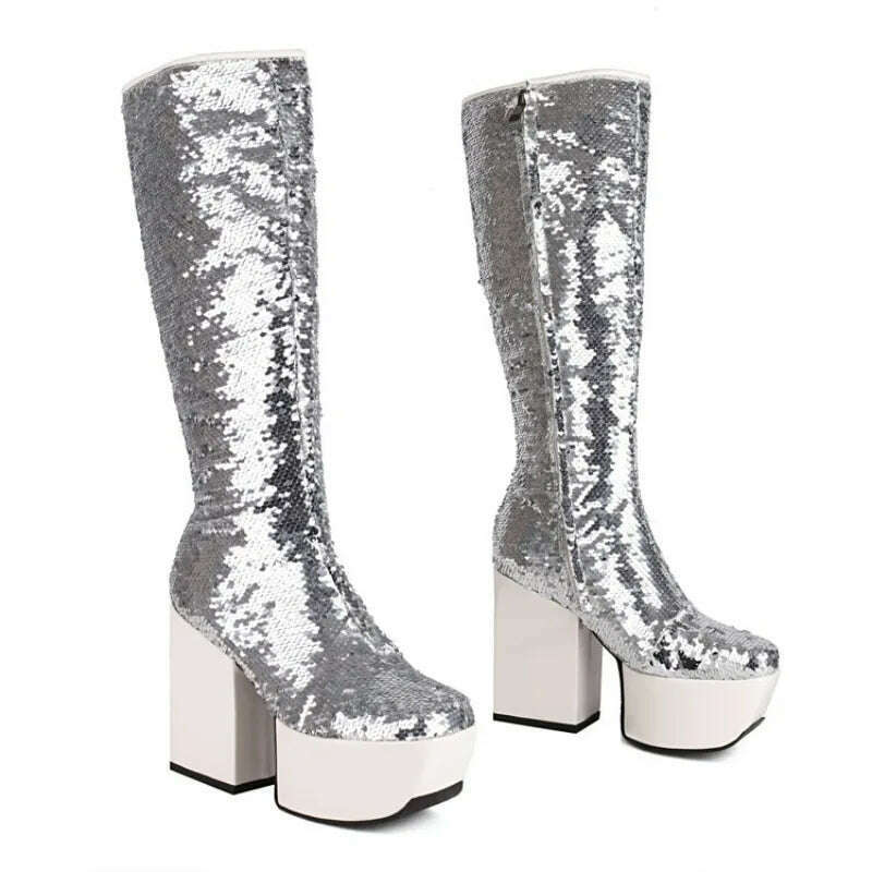 Trendy Chic Sequined Cloth Glitter Silver Kneehigh Boots Gothic Punk Chunky High Heels Thick Platform Long Boot Women Party Shoe - KIMLUD