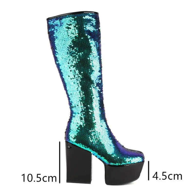 Trendy Chic Sequined Cloth Glitter Silver Kneehigh Boots Gothic Punk Chunky High Heels Thick Platform Long Boot Women Party Shoe - KIMLUD
