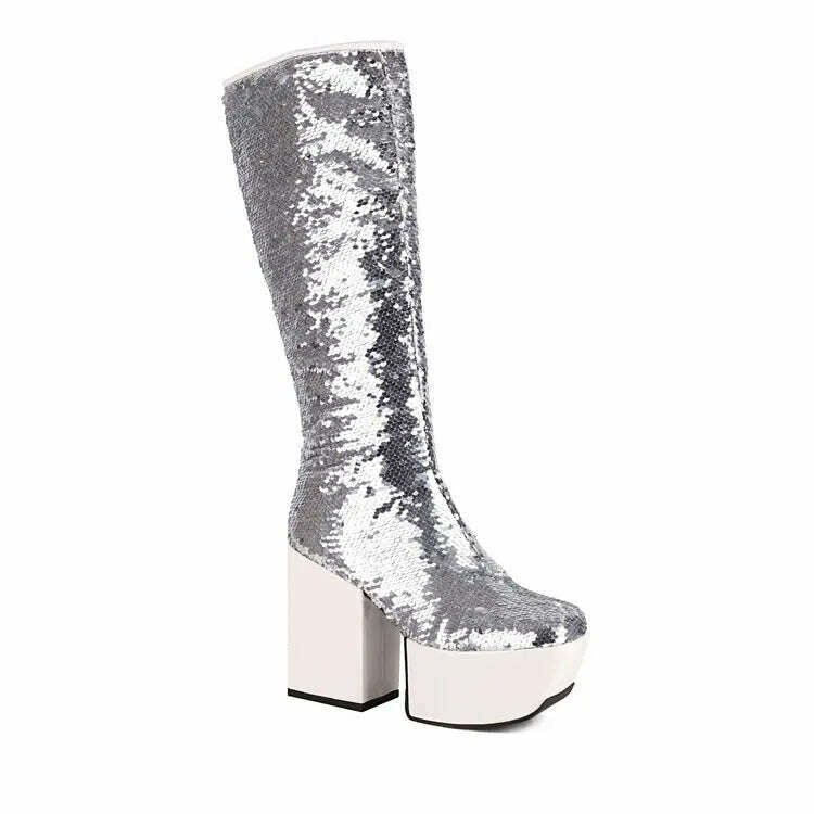 KIMLUD, Trendy Chic Sequined Cloth Glitter Silver Kneehigh Boots Gothic Punk Chunky High Heels Thick Platform Long Boot Women Party Shoe, Sequin Silver Boots / 4, KIMLUD Womens Clothes