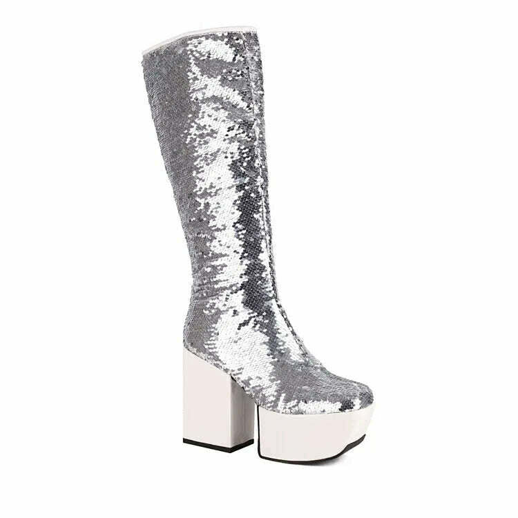 Trendy Chic Sequined Cloth Glitter Silver Kneehigh Boots Gothic Punk Chunky High Heels Thick Platform Long Boot Women Party Shoe - KIMLUD
