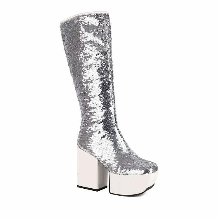 Trendy Chic Sequined Cloth Glitter Silver Kneehigh Boots Gothic Punk Chunky High Heels Thick Platform Long Boot Women Party Shoe - KIMLUD