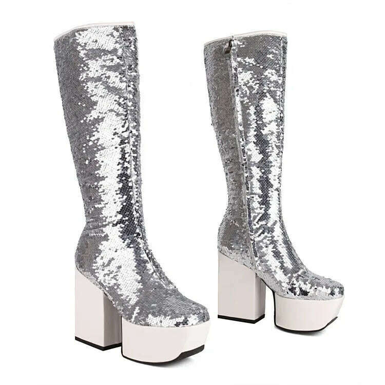 KIMLUD, Trendy Chic Sequined Cloth Glitter Silver Kneehigh Boots Gothic Punk Chunky High Heels Thick Platform Long Boot Women Party Shoe, KIMLUD Women's Clothes