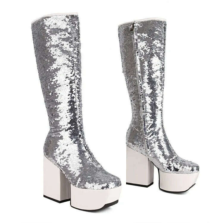 Trendy Chic Sequined Cloth Glitter Silver Kneehigh Boots Gothic Punk Chunky High Heels Thick Platform Long Boot Women Party Shoe - KIMLUD