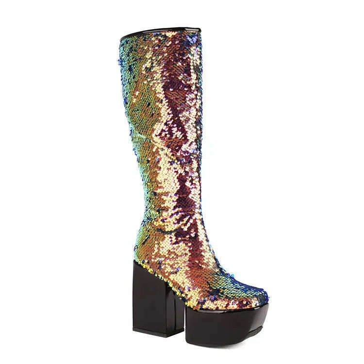 Trendy Chic Sequined Cloth Glitter Silver Kneehigh Boots Gothic Punk Chunky High Heels Thick Platform Long Boot Women Party Shoe - KIMLUD