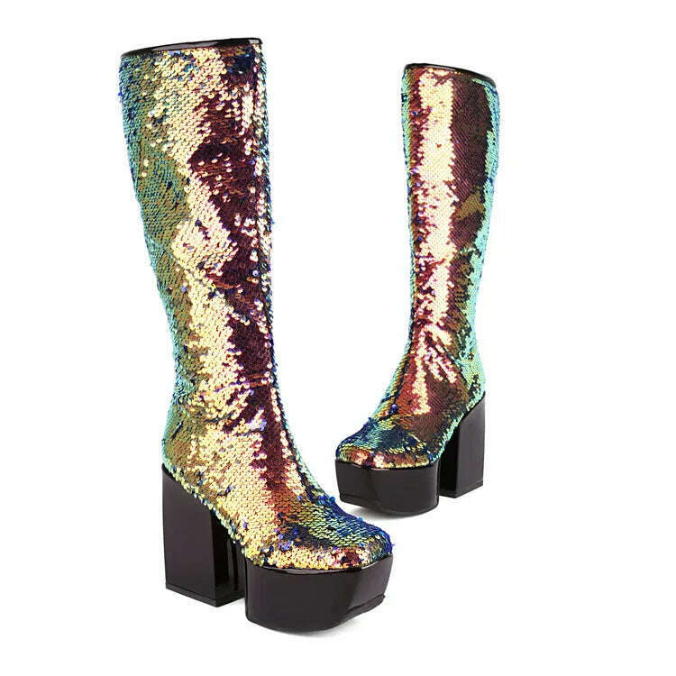 Trendy Chic Sequined Cloth Glitter Silver Kneehigh Boots Gothic Punk Chunky High Heels Thick Platform Long Boot Women Party Shoe - KIMLUD