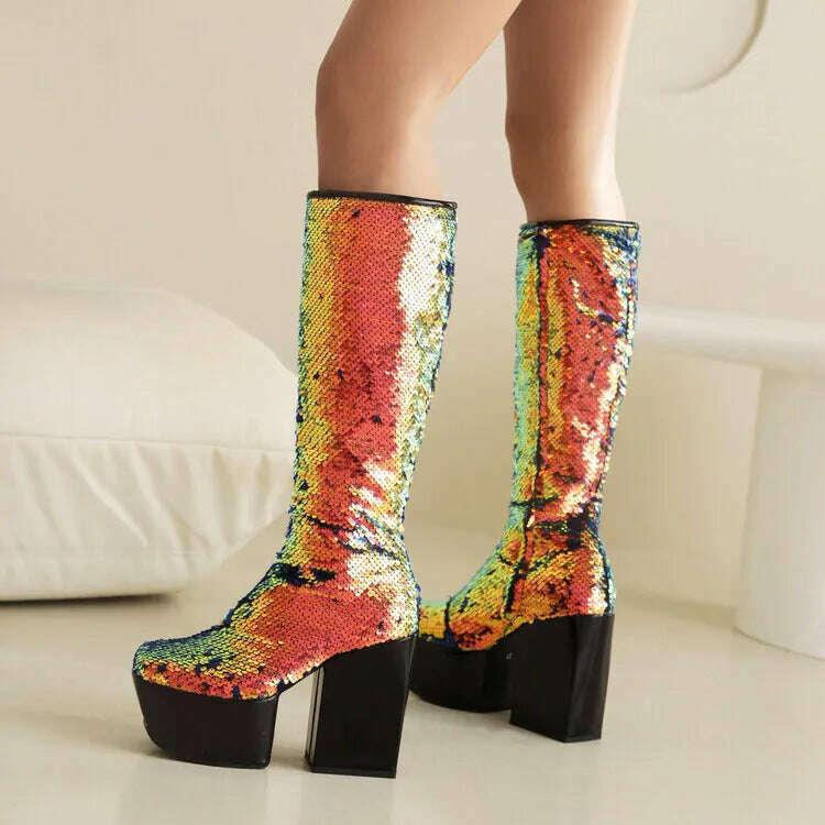 Trendy Chic Sequined Cloth Glitter Silver Kneehigh Boots Gothic Punk Chunky High Heels Thick Platform Long Boot Women Party Shoe - KIMLUD