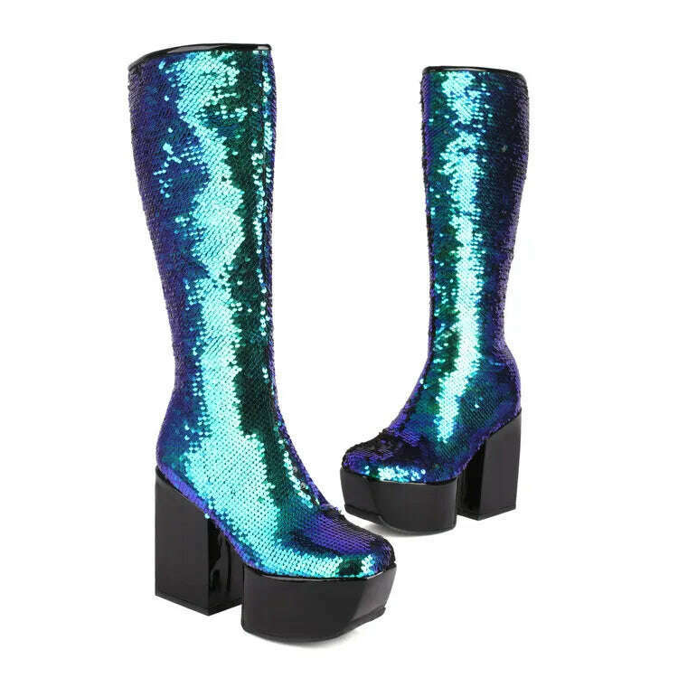 Trendy Chic Sequined Cloth Glitter Silver Kneehigh Boots Gothic Punk Chunky High Heels Thick Platform Long Boot Women Party Shoe - KIMLUD