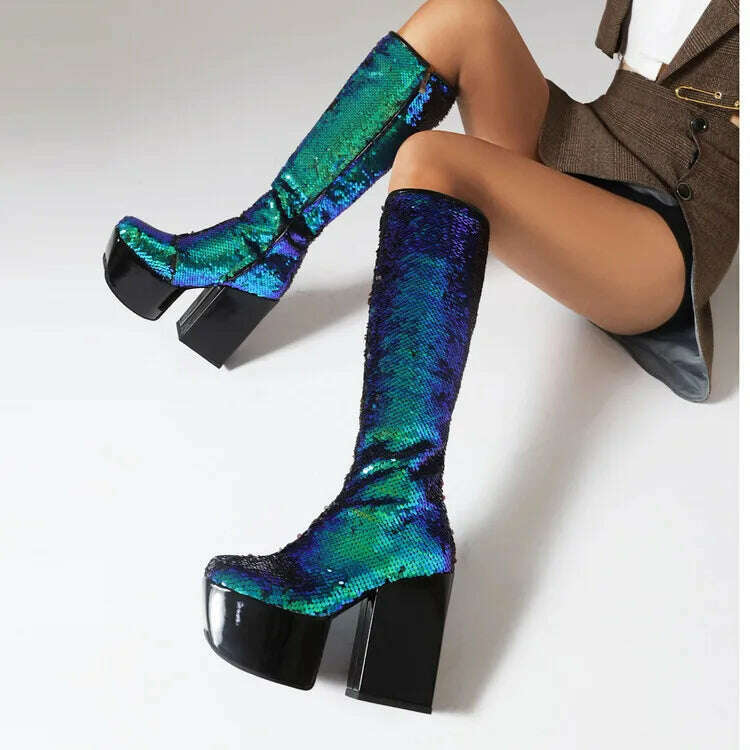 Trendy Chic Sequined Cloth Glitter Silver Kneehigh Boots Gothic Punk Chunky High Heels Thick Platform Long Boot Women Party Shoe - KIMLUD