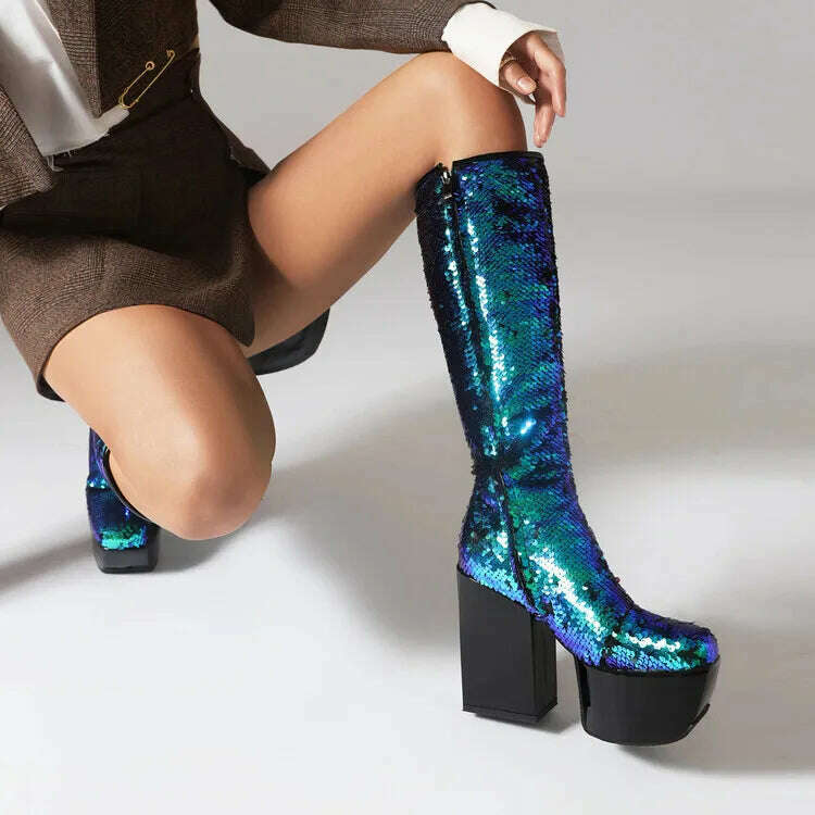 Trendy Chic Sequined Cloth Glitter Silver Kneehigh Boots Gothic Punk Chunky High Heels Thick Platform Long Boot Women Party Shoe - KIMLUD