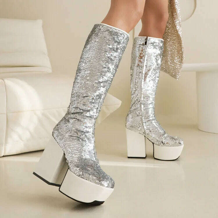 KIMLUD, Trendy Chic Sequined Cloth Glitter Silver Kneehigh Boots Gothic Punk Chunky High Heels Thick Platform Long Boot Women Party Shoe, KIMLUD Womens Clothes