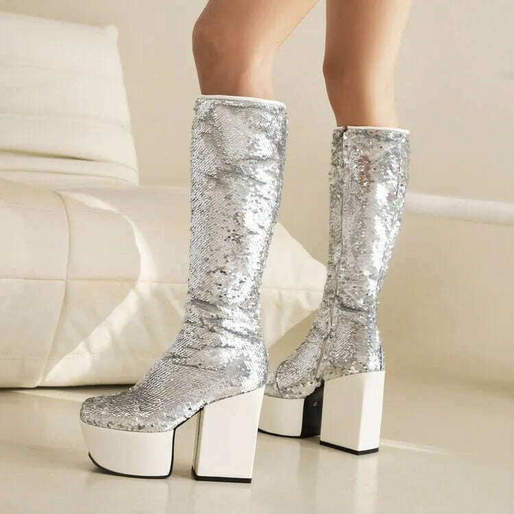 KIMLUD, Trendy Chic Sequined Cloth Glitter Silver Kneehigh Boots Gothic Punk Chunky High Heels Thick Platform Long Boot Women Party Shoe, KIMLUD Women's Clothes