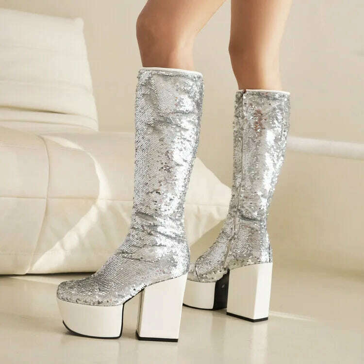 Trendy Chic Sequined Cloth Glitter Silver Kneehigh Boots Gothic Punk Chunky High Heels Thick Platform Long Boot Women Party Shoe - KIMLUD