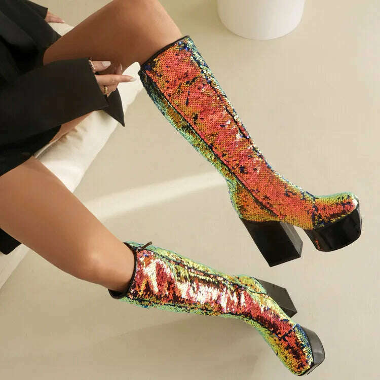 Trendy Chic Sequined Cloth Glitter Silver Kneehigh Boots Gothic Punk Chunky High Heels Thick Platform Long Boot Women Party Shoe - KIMLUD