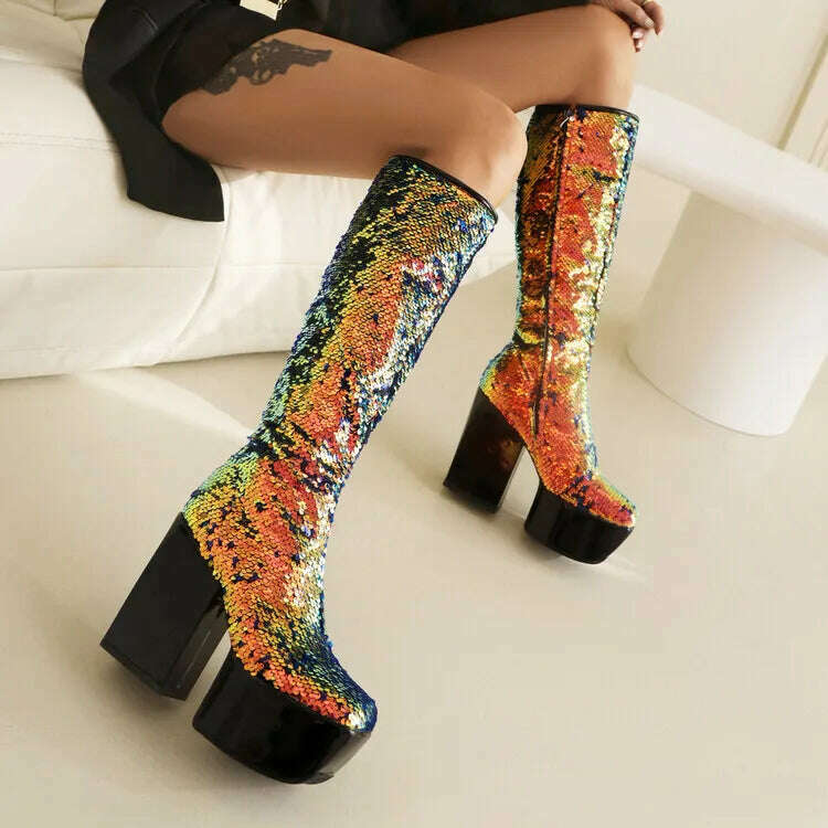 Trendy Chic Sequined Cloth Glitter Silver Kneehigh Boots Gothic Punk Chunky High Heels Thick Platform Long Boot Women Party Shoe - KIMLUD