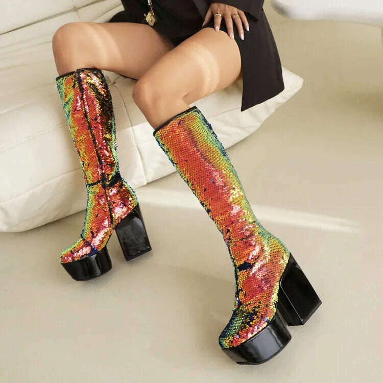 Trendy Chic Sequined Cloth Glitter Silver Kneehigh Boots Gothic Punk Chunky High Heels Thick Platform Long Boot Women Party Shoe - KIMLUD