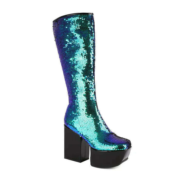 KIMLUD, Trendy Chic Sequined Cloth Glitter Silver Kneehigh Boots Gothic Punk Chunky High Heels Thick Platform Long Boot Women Party Shoe, Sequin Blue Boots / 4, KIMLUD Womens Clothes