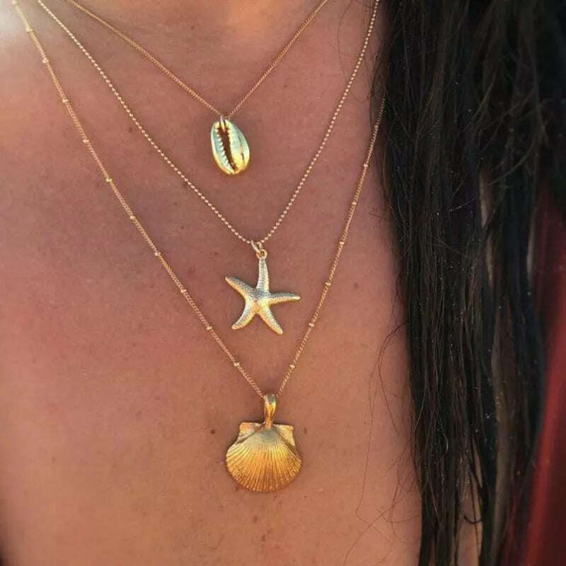KIMLUD, Trendy European Summer Beach Layered Starfish Necklace For Women Gold Color Stacked Scallop Shell Necklace women Jewelry XJ-01, KIMLUD Womens Clothes