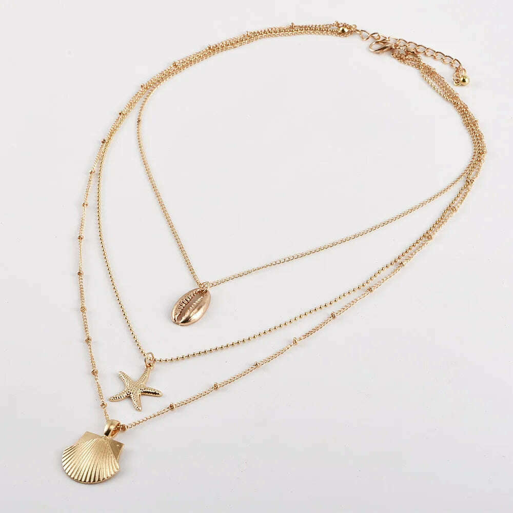KIMLUD, Trendy European Summer Beach Layered Starfish Necklace For Women Gold Color Stacked Scallop Shell Necklace women Jewelry XJ-01, A0189, KIMLUD APPAREL - Womens Clothes