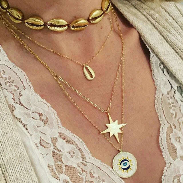 KIMLUD, Trendy European Summer Beach Layered Starfish Necklace For Women Gold Color Stacked Scallop Shell Necklace women Jewelry XJ-01, KIMLUD Womens Clothes