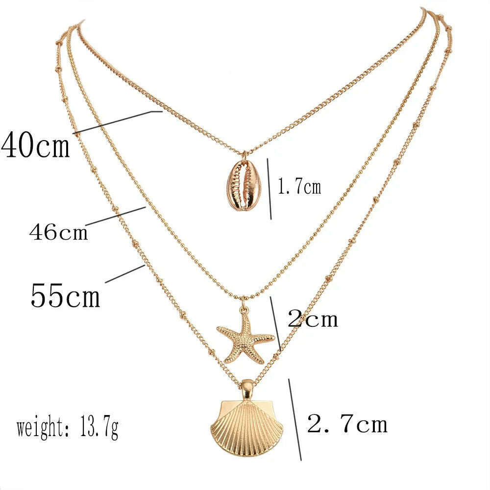 KIMLUD, Trendy European Summer Beach Layered Starfish Necklace For Women Gold Color Stacked Scallop Shell Necklace women Jewelry XJ-01, KIMLUD Womens Clothes