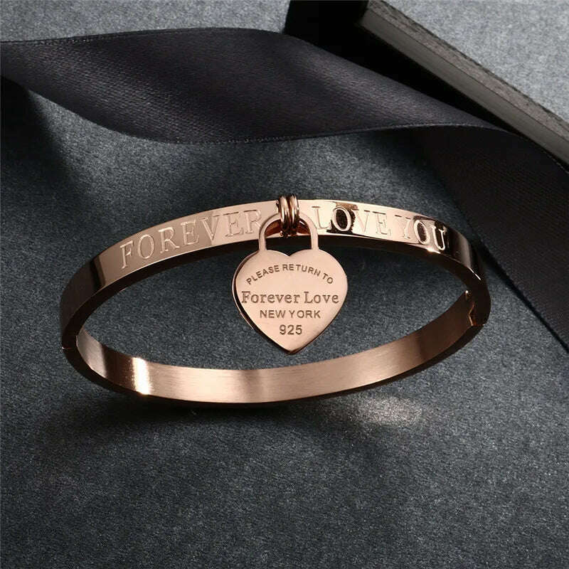 KIMLUD, Trendy Lover Cuff Bracelets Bangles for Woman Rose Gold Color Stainless Steel Bracelet with Heart Pendant Luxury Jewelry, KIMLUD Womens Clothes