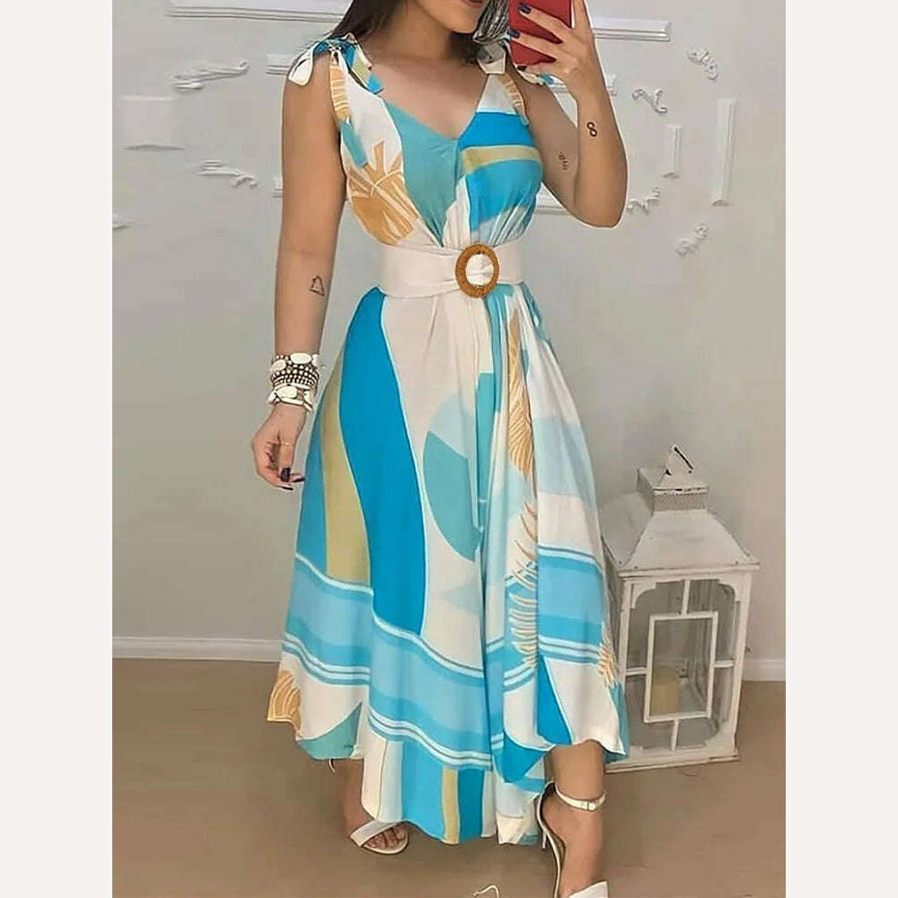 KIMLUD, Tropical Print V Neck Tie Up Maxi Dress with Belt Women Sleeveless Casual Summer Dress, Blue / XL, KIMLUD Womens Clothes
