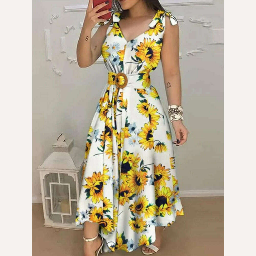 KIMLUD, Tropical Print V Neck Tie Up Maxi Dress with Belt Women Sleeveless Casual Summer Dress, Yellow / S, KIMLUD Women's Clothes