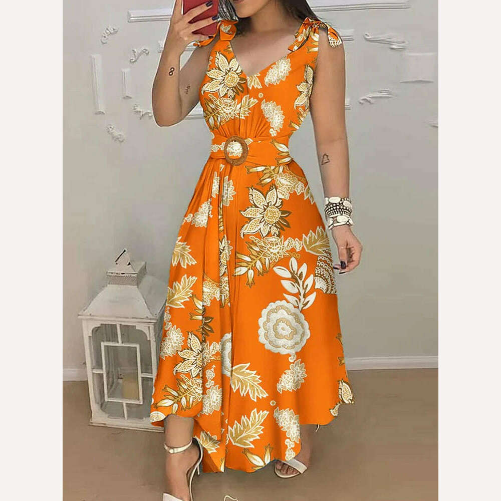 KIMLUD, Tropical Print V Neck Tie Up Maxi Dress with Belt Women Sleeveless Casual Summer Dress, Orange / L, KIMLUD Womens Clothes