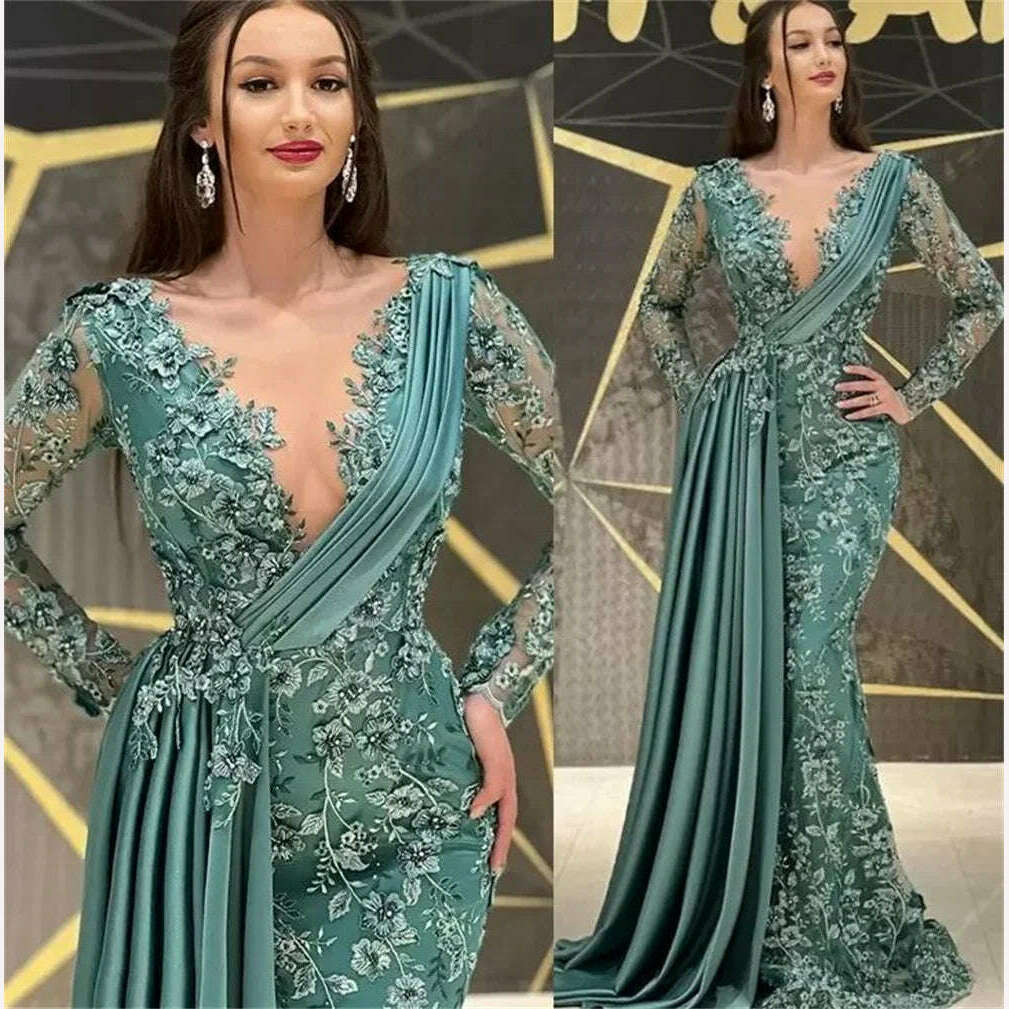 Trumpet/Mermaid Glamorous Evening Prom Dress V-Neck Party Ruffle Applique Stain Ruched Long Sleeve Floor-Length Princess Ladies - KIMLUD