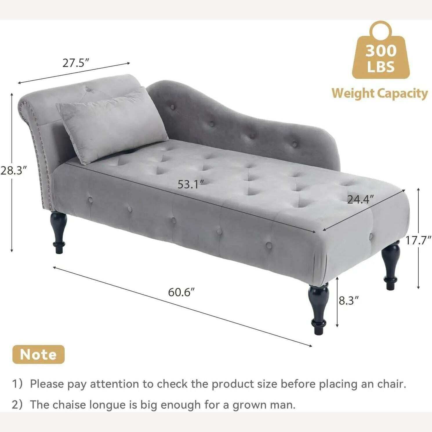 KIMLUD, Tufted Velvet Chaise Lounge Chair Indoor, Modern Upholstered Rolled Arm Sofa Lounge Indoor with Nailhead Trim, Lounge Chaise, Grey / United States, KIMLUD Womens Clothes