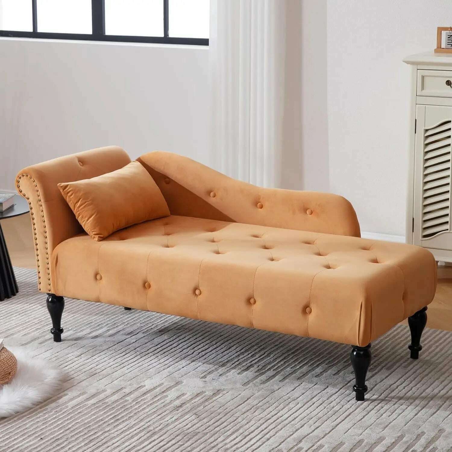 KIMLUD, Tufted Velvet Chaise Lounge Chair Indoor, Modern Upholstered Rolled Arm Sofa Lounge Indoor with Nailhead Trim, Lounge Chaise, Orange / United States, KIMLUD Womens Clothes
