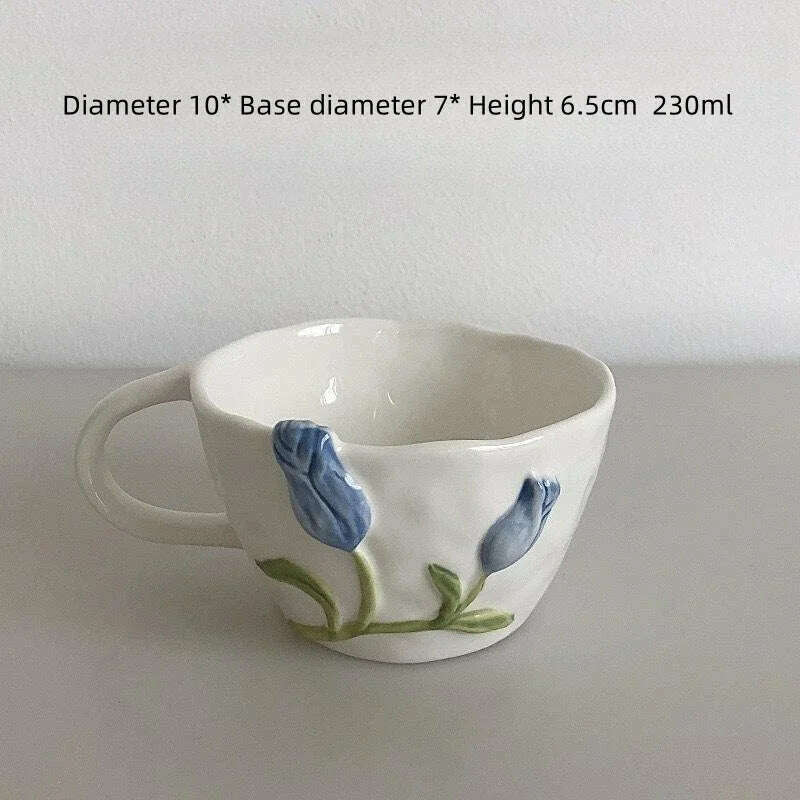 KIMLUD, Tulip Ceramic Mugs 3D Embossed Hand Pinched Irregular Coffee Cups Hand-painted Flower Milk Tea Cup Breakfast Mug holiday gifts, Blue cup, KIMLUD APPAREL - Womens Clothes