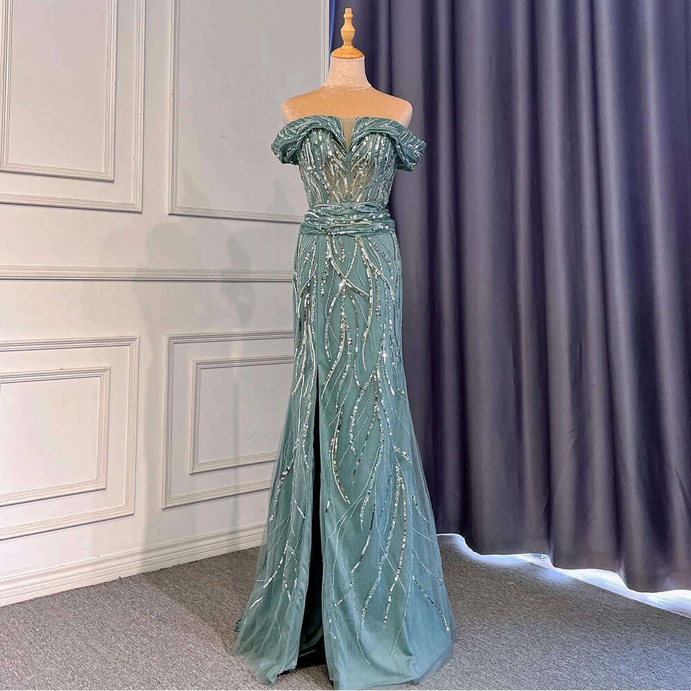 KIMLUD, Turquoise Mermaid Sexy Evening Dresses Gowns 2023 Beaded Elegant Luxury High Split For Woman Party BLA71593 Serene Hill, KIMLUD Women's Clothes