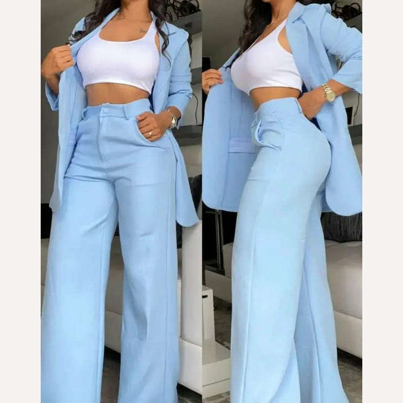 Two Piece Set Women Outfit 2023 Autumn Fashion Notched Collar Long Sleeve Blazer Coat & Elegant Pocket Design Work Pants Set - KIMLUD
