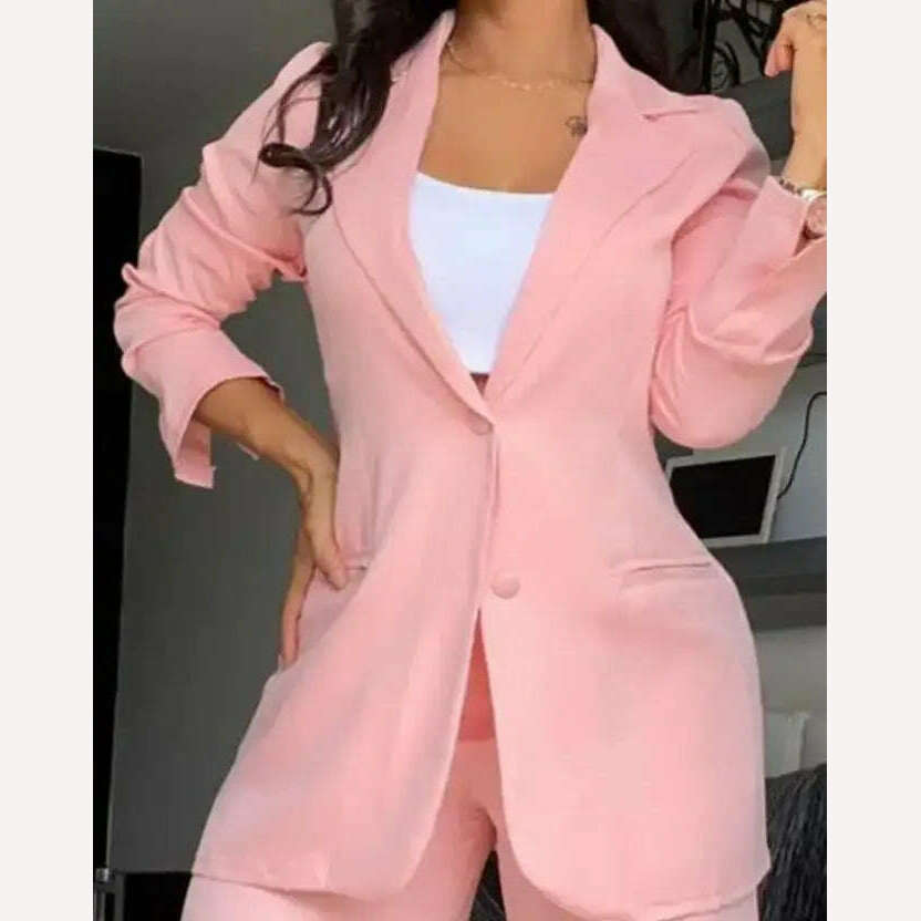 KIMLUD, Two Piece Set Women Outfit 2023 Autumn Fashion Notched Collar Long Sleeve Blazer Coat & Elegant Pocket Design Work Pants Set, KIMLUD Women's Clothes